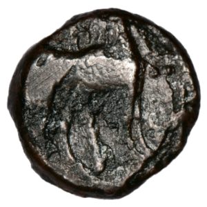 Cartago, Zeugitania, AE16, bronze, 264 a 241 aC, Tanit / Cavalo em frente a palmeira