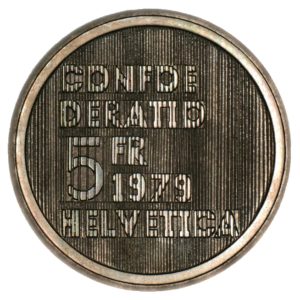 Suíça, 5 francos 1979, cuproníquel, 100 anos do nascimento de Einstein