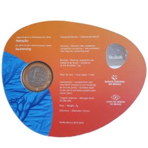 Brasil, moeda comemorativa Rio 2016: natação, 1 real 20014, bimetálica