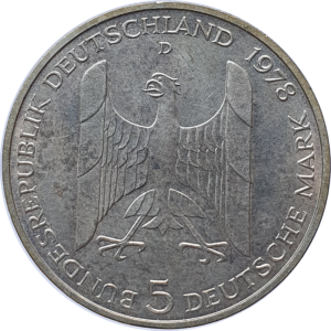 Alemanha, 5 marcos 1978D, prata, nascimento de Gustav Stresemann