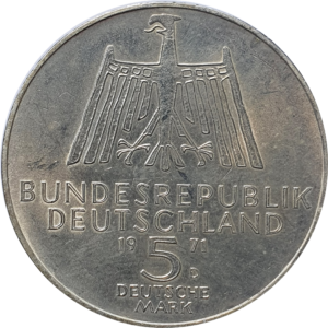 Alemanha, 5 marcos 1971D, prata, comemorativa Albrecht Dürer