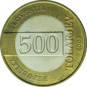 Eslovênia, 500 tolarjev 2002, bimetálica, comemorativa da Copa do Mundo