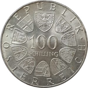 Áustria, 100 schilling 1975, prata, 150 anos de nascimento de Johann Strauss