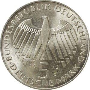 Alemanha, 5 marcos 1973, prata, 125 anos da assembléia nacional em Frankfurt