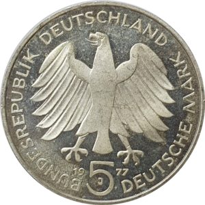 Alemanha, 5 marcos 1977J, prata, 200 anos do nascimento de Carl Friedrich Gauss