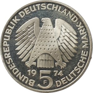 Alemanha, 5 marcos 1974F, prata, 25 anos da Constituição Federal