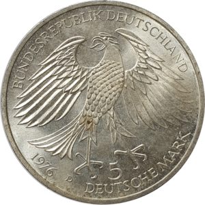 Alemanha, 5 marcos 1976D, prata, 300 anos da morte de Hans Jacob Christoph von Grimmelshausen