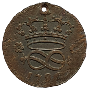 Sardenha (Estado Italiano), 2 denari 1796, cobre (com furo)