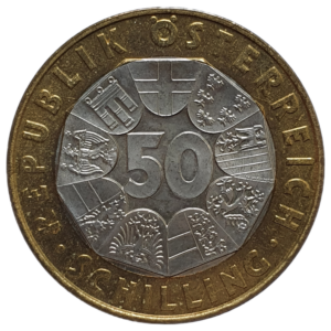 Áustria, 50 schilling 2001, comemorativa ao final do schilling, bimetálica, baixa tiragem