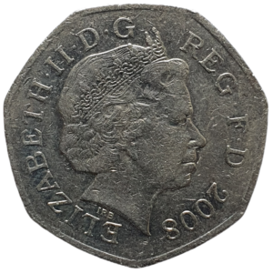 Reino Unido, 50 pence 2008, cuproníquel, 8.0 g, 27.3 mm, KM# 1112