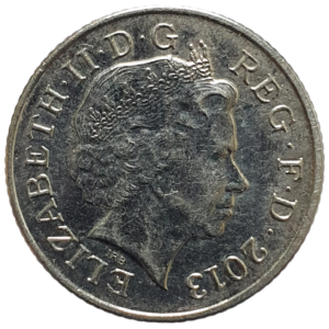 Reino Unido, 10 pence 2013, aço revestido de níquel, 6.5 g, 24.5 mm, KM# 1110d