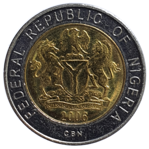 Nigéria, 1 naira 2006, bimetálica, 5.4 g, 21.5 mm, km# 18