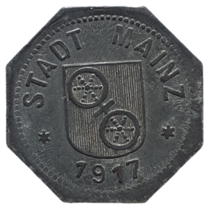 Mainz (cidade da Alemanha), NOTGELD, 10 pfennig 1917, zinco, 2.3 g, 21 mm, Funk# 314.2