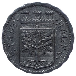 Hagen (cidade da Alemanha), NOTGELD, 10 pfennig 1917, zinco, 1.9 g, 20 mm, Funk# 184.1
