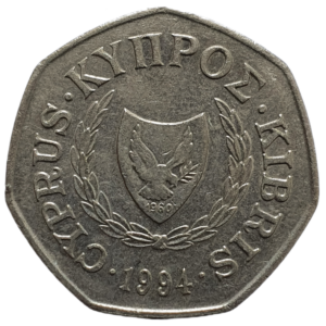 Chipre, 50 cents 1994, cuproníquel, 7 g, 26 mm, km# 66, Abdução de Europa