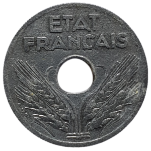 França  (Estado de Vichy - Segunda Guerra Mundial), 20 centimes 1941, zinco, 3.5 g, 24 mm, km# 899