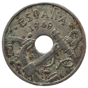 Espanha, 50 cêntimos1949, cuproníquel, 4 g, 20 mm, km# 777, flechas para cima