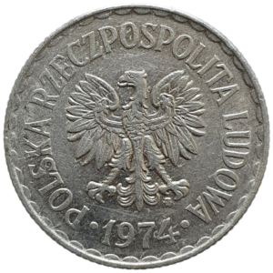 Polônia, 1 zloty 1974, alumínio, 2.1g, 25 mm, Y# 49.1