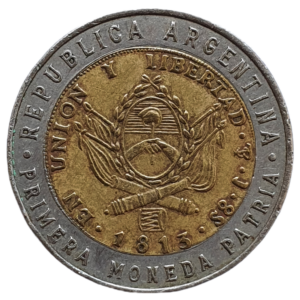 Argentina, 1 peso 1995, bimetálica, 6.4 g, 25 mm, km# 112, comemorativa da primeira moeda argentina