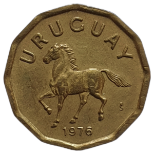 Uruguai, 10 centésimos 1976, alumínio-bronze, 3 g,19 mm, km#66, cavalo, dodecagonal