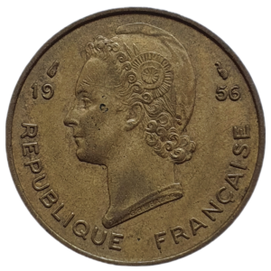 África Ocidental Francesa, 10 francos 1956, alumínio-bronze, 4 g, 23.5 mm, km# 6, gazela, milho