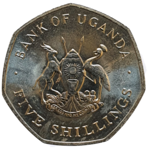 Uganda, 5 shillings 1987, aço revestido de níquel, 3.50g, 22mm, km# 29