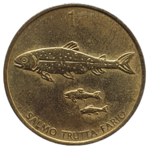 Eslovênia, 1 tolar 1999, níquel-latão, 4.5g, 22mm, km# 4, cardume de trutas