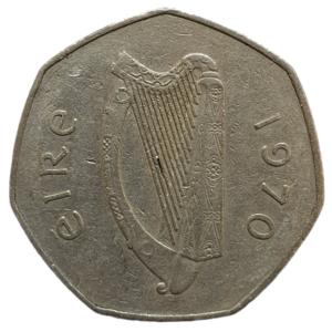 Irlanda, 50 pence 1970, cuproníquel, 13.5g, 30mm, km# 24