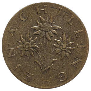 Áustria, 1 schilling 1968, alumínio-bronze, 4.2g, 22.5mm, km# 2886, flores Edelweiss