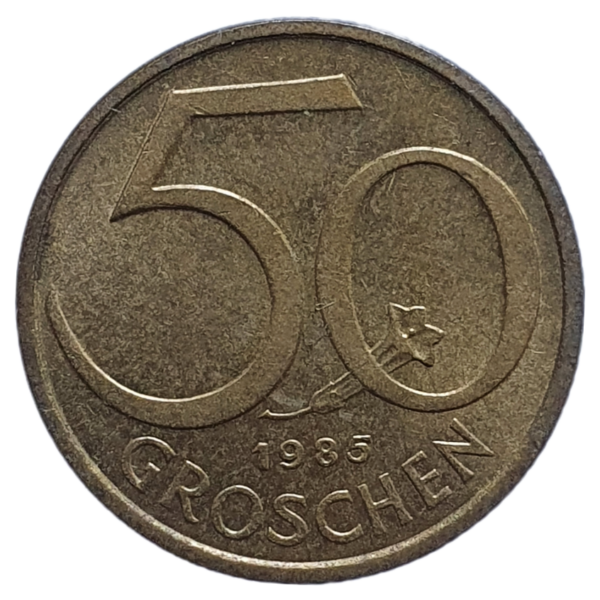 Áustria, 50 groschen 1985, alumínio-bronze, 3g, 19.5mm, km# 2885