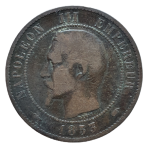 França, Napoleão III, 10 centimes 1853, bronze, 10 g, 30 mm, km# 771