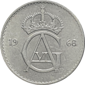 Suécia, 10 ore 1968, cuproníquel, 1.4g, 15mm, km# 835, rei Gustavo VI Adolfo
