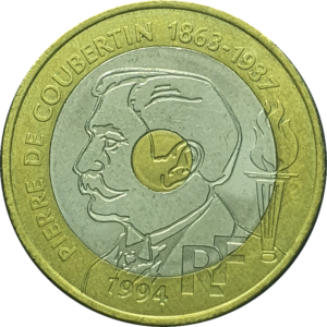França, 20 francos 1994, trimetálica, 9g, 27mm, centenário do Comitê Olímpico Internacional/Pierre de Coubertin, km# 968