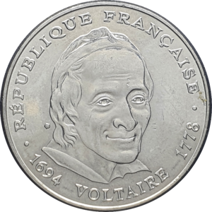 França, 5 francos 1994, cuproníquel, 10g, 29mm, 300 anos do nascimento de Voltaire, km# 1063