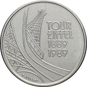 França, 5 francos 1989, cuproníquel, 10g, 29mm, centenário da Torre Eiffel, km# 968