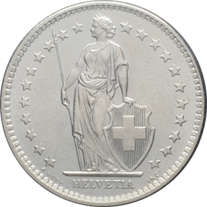 Suíça, 2 francos 1977, cuproníquel, 8.8 g, 27.4 mm, km# 21a.1