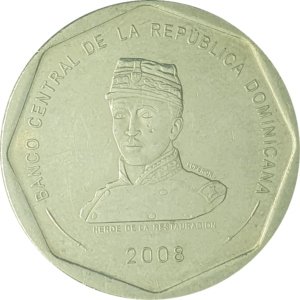 República Dominicana, 25 pesos 2008, cuproníquel, 8.5 g, 29 mm, km# 107