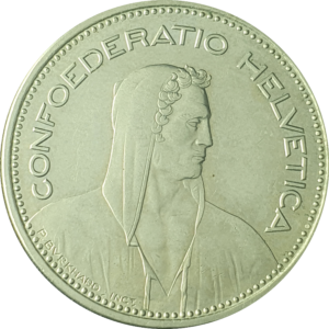 Suíça, 5 francos 1986B, cuproníquel, 13.2 g, 31.4 mm, km# 43a.3