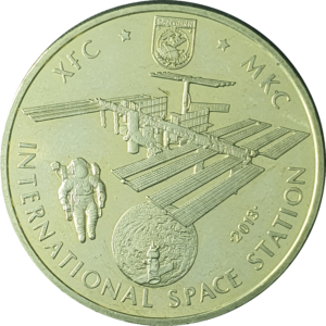 Cazaquistão, 50 tenge 2013, níquel-latão, 11.17g, 31mm, N# 51508, Estação Espacial Internacional