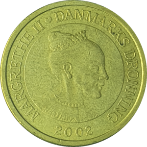 Dinamarca, 10 coroas 2002, alumínio-bronze, 7g, 23.35mm, km# 887, rainha Margareth II