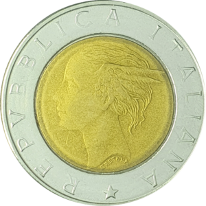 Itália, 500 liras 1994, bimetálica, 6.8g, 25.8mm, km# 167, 500 anos da publicação do livro de Luca Pacioli sobre aritmética