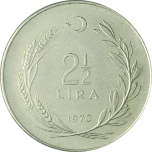 Turquia, 2 ½ liras 1970, acmonital, 9g, 30mmm, km#896, FAO