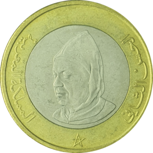 Marrocos, 10 dirhams 1995 (1415 AH), bimetálica, 12g, 28mm, Y# 92, rei Hassan II