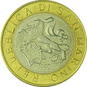 São Marino, 1000 liras 1997, bimetálica, 8.8g, 27mm, km# 368, 1000 anos da construção do castelo