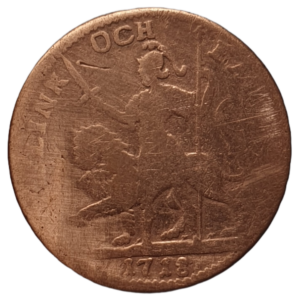 Suécia, 1 dáler silvermynt 1718, cobre, 4.5 g, 24 mm, Karl XII, moeda de emergência, KM# A35