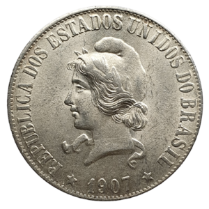 Brasil, 2000 réis 1907, prata 0.900, 20 g, 33 mm, P-696, km# 508