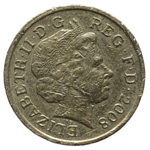 Reino Unido, 1 libra 2008, níquel-latão, 9.5 g, 22.5 mm, km# 1113, escudo de armas real