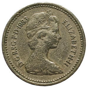 Reino Unido, 1 libra 1983, níquel-latão, 9.5 g, 22.5 mm, km# 933, escudo de armas