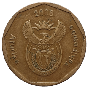 África do Sul, 50 cents 2008, aço revestido de bronze, 5 g, 22 mm, km# 443