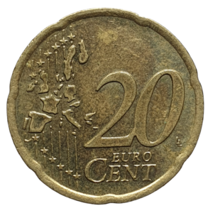 Irlanda, 20 cents 2002, ouro nórdico, 5.74 gg, 22.25 mm, km# 125, harpa celta